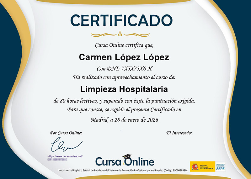 Ejemplo del Certificado Acreditativo del Curso Online de Limpieza Hospitalaria de 80 horas emitido por Cursa Online.