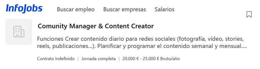 Captura de pantalla de una oferta de empleo real en InfoJobs donde se exige edición de video y creación de Reels como requisito indispensable para un puesto de Community Manager