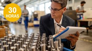 Auditor de calidad revisando una lista de comprobación durante una inspección conforme a la norma ISO 19011