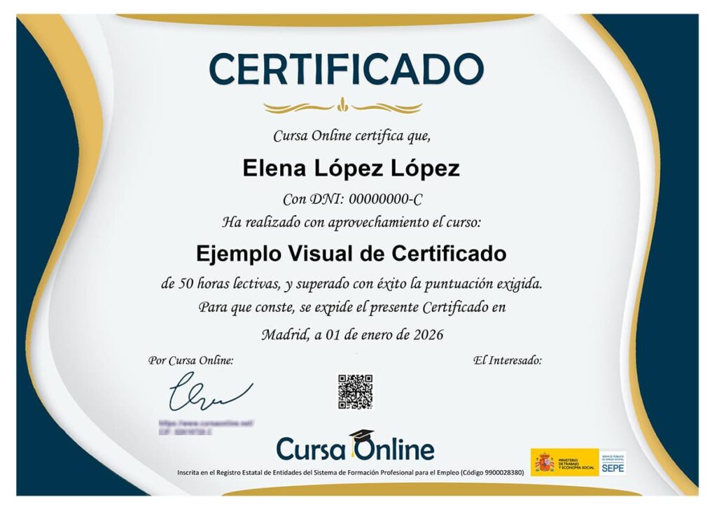 Modelo de Certificado con código QR emitido por Cursa Online para los Cursos online de Limpieza 