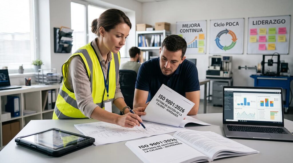 aplicacion-practica-novedades-iso-9001-2026 Responsable de calidad explicando los nuevos requisitos y procesos de la norma ISO 9001:2026 a un operario en su puesto de trabajo.