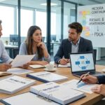 Equipo de consultores y técnicos de calidad analizando la documentación para la transición a la norma ISO 9001:2026 en una oficina.