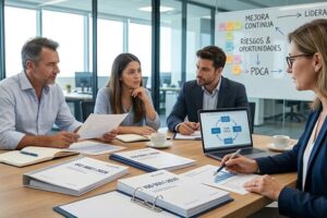 Equipo de consultores y técnicos de calidad analizando la documentación para la transición a la norma ISO 9001:2026 en una oficina.