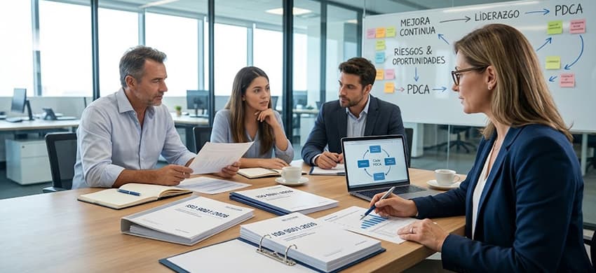 Equipo de consultores y técnicos de calidad analizando la documentación para la transición a la norma ISO 9001:2026 en una oficina.
